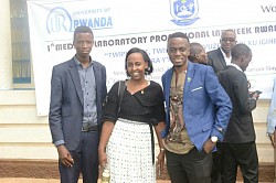 AUMLS Executive and the Dean of school of health, university of Rwanda (Dr Nadine), middle, during the launching of the National Medical Laboratory Professional week in Kigali.